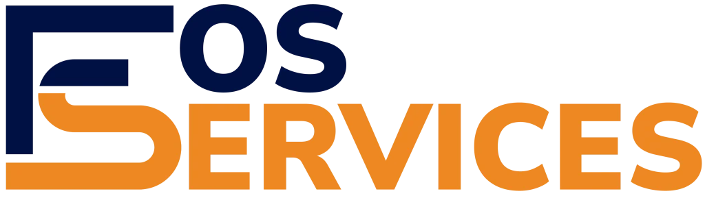 FOS Services logo in navy and orange with stylized FS lettering and bold brand typography
