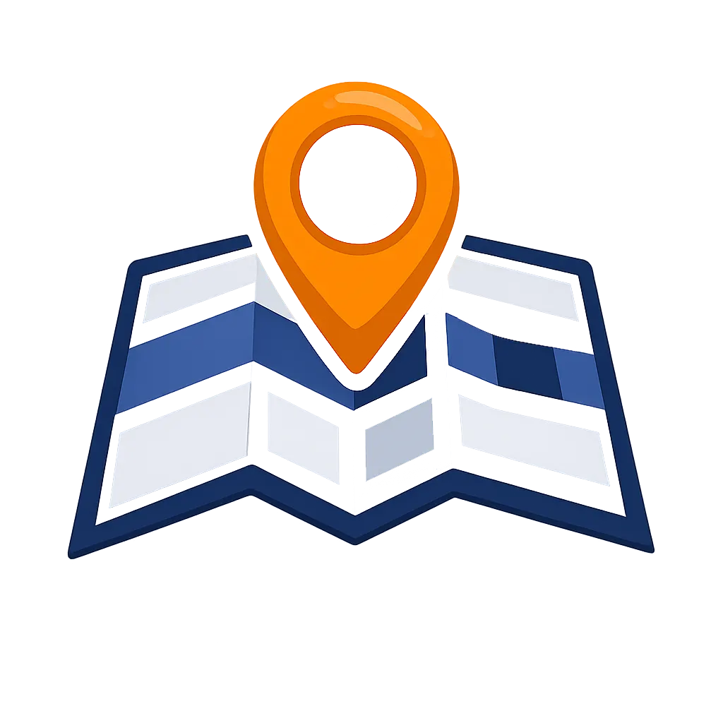 Location pin on map icon representing search visibility and online discoverability in navy and orange