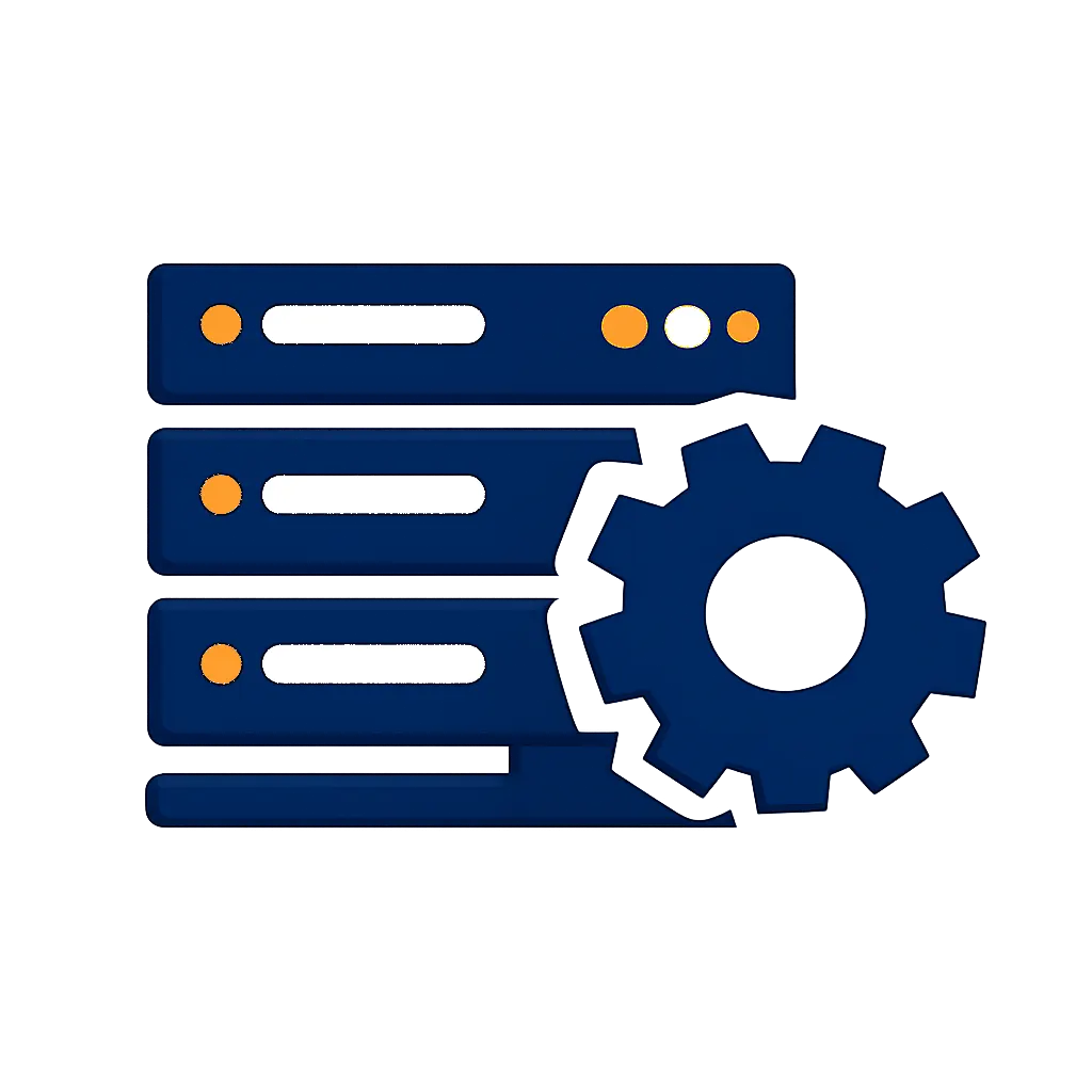 Custom server configuration icon with stacked servers and settings gear in navy and orange