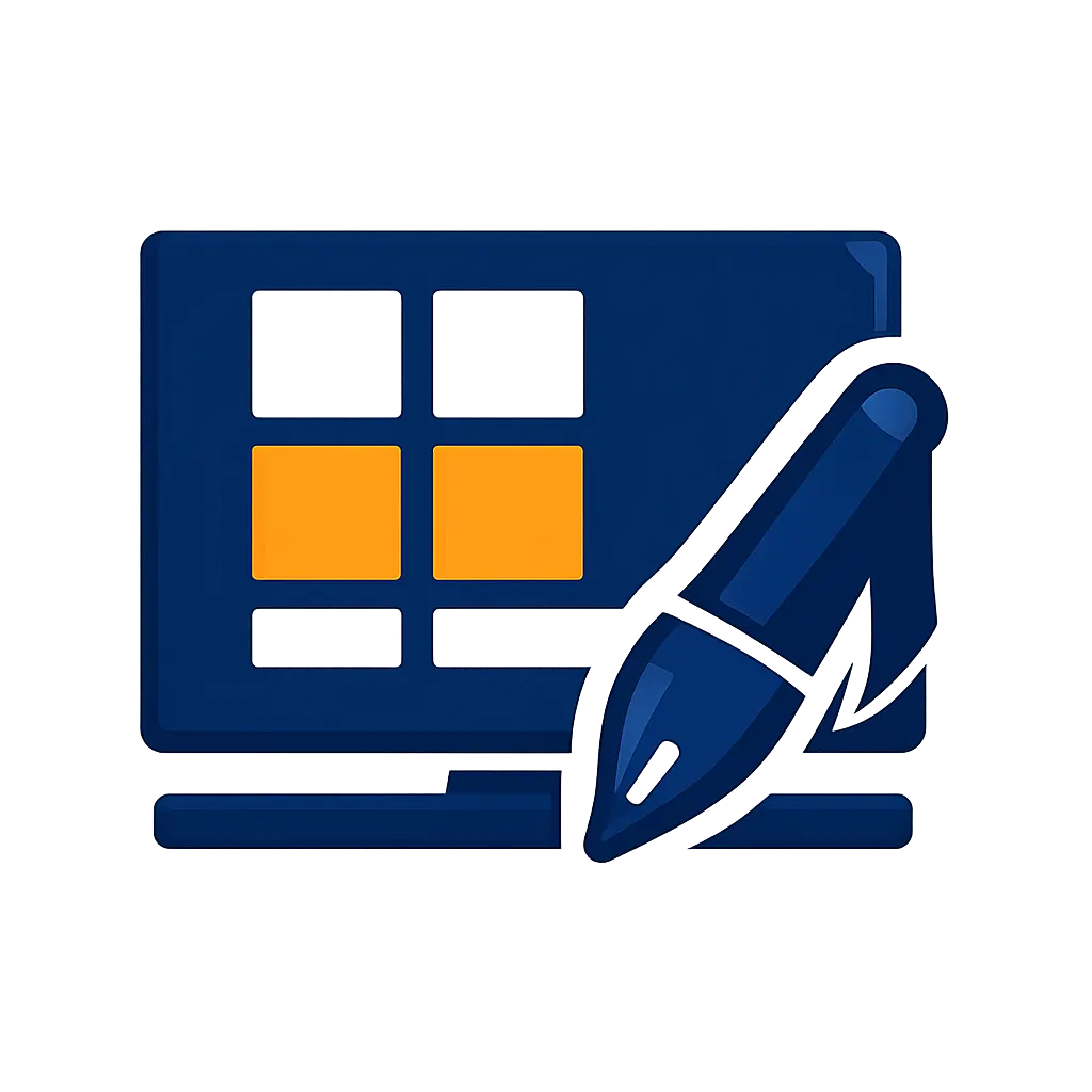 Website design services icon with interface layout and design pen in navy and orange