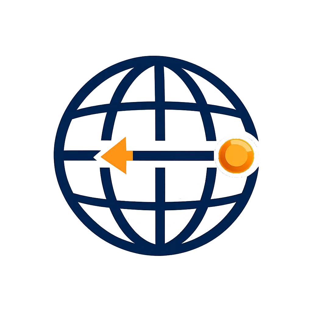 Domain management icon with globe and directional arrow in navy and orange