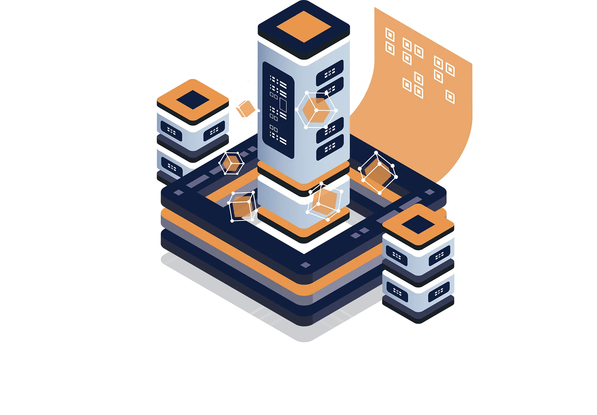 Isometric domain registration and server management system with central server and network nodes in navy and orange