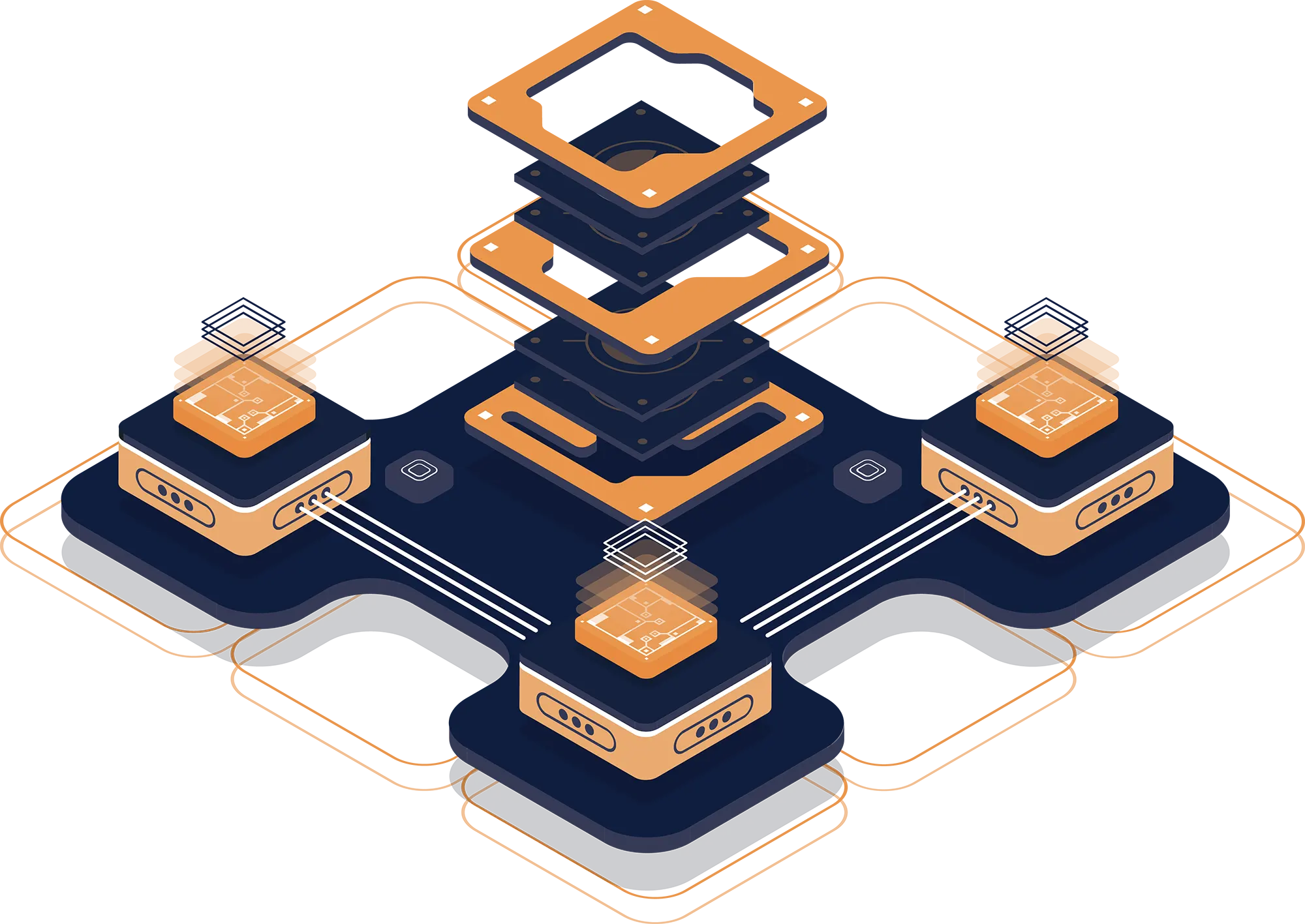 Isometric multi-layer server architecture with connected nodes and data processing layers in navy and orange