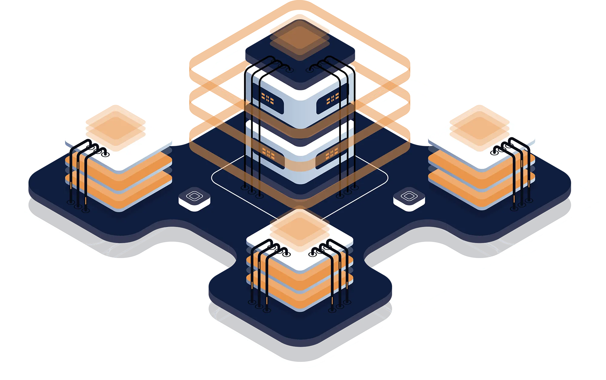 Isometric shared hosting infrastructure with central server and multiple connected data nodes in navy and orange
