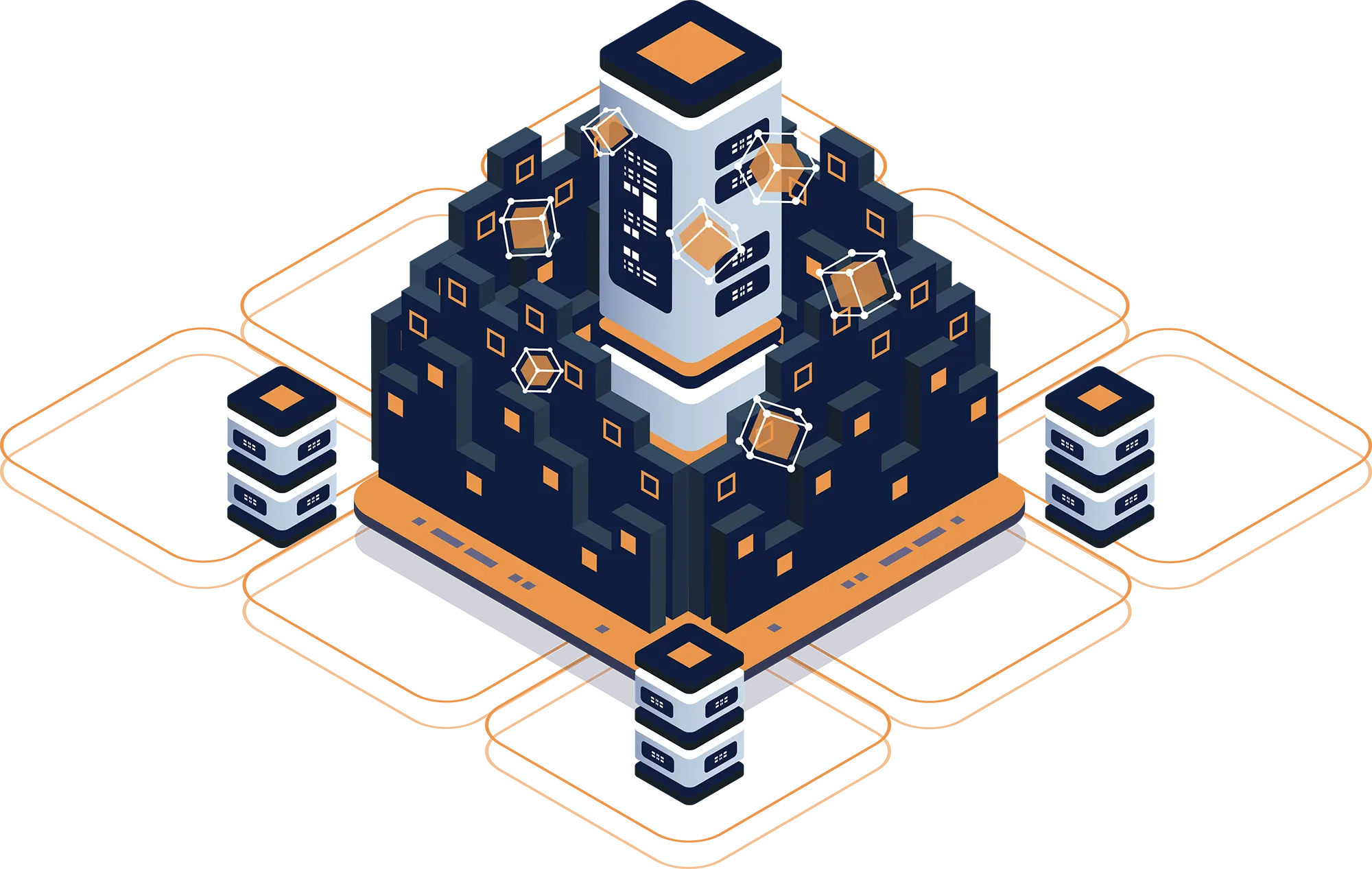 Isometric domain infrastructure with central server and connected network blocks representing DNS and hosting system