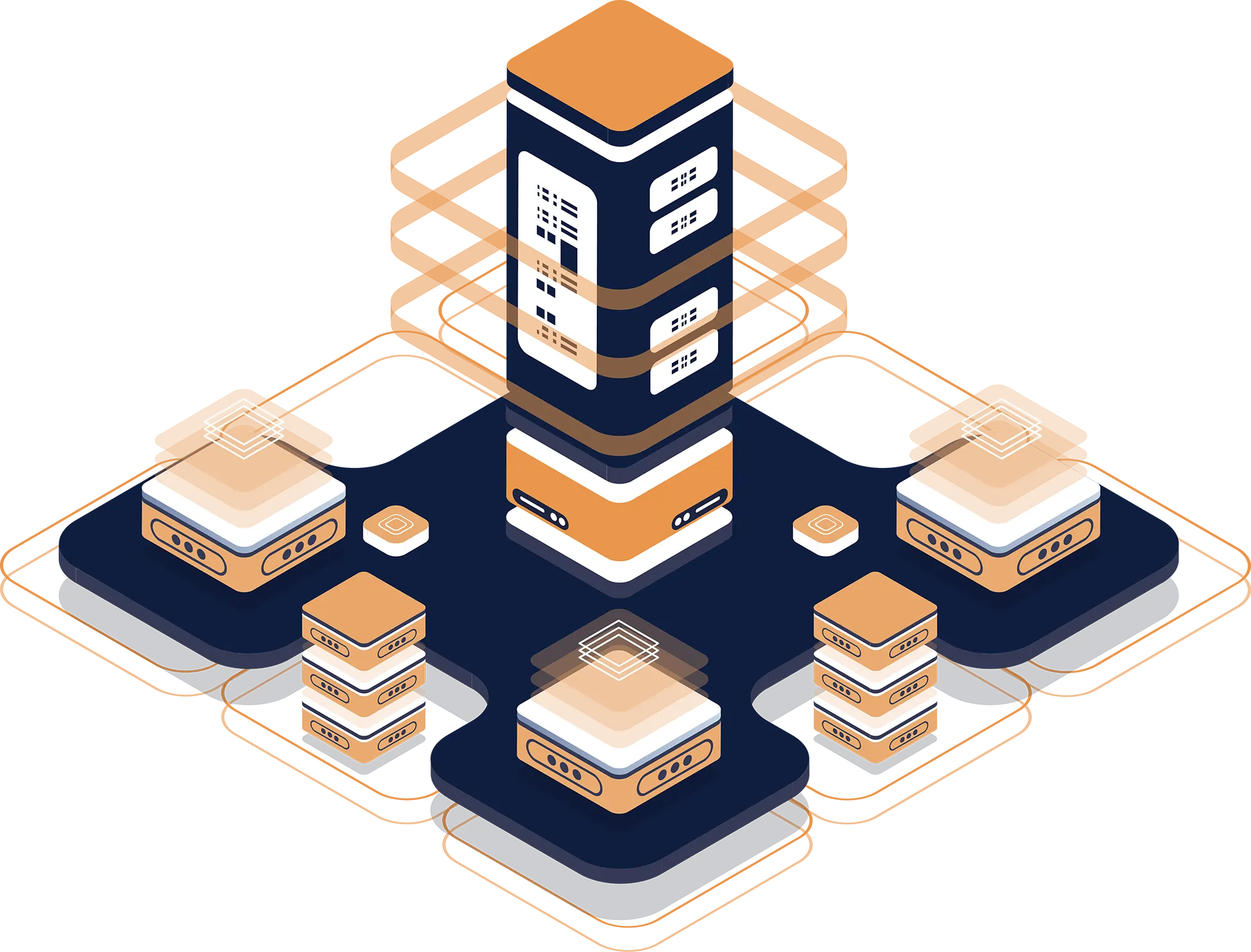 Isometric data center network with central server tower and distributed hosting nodes in navy and orange
