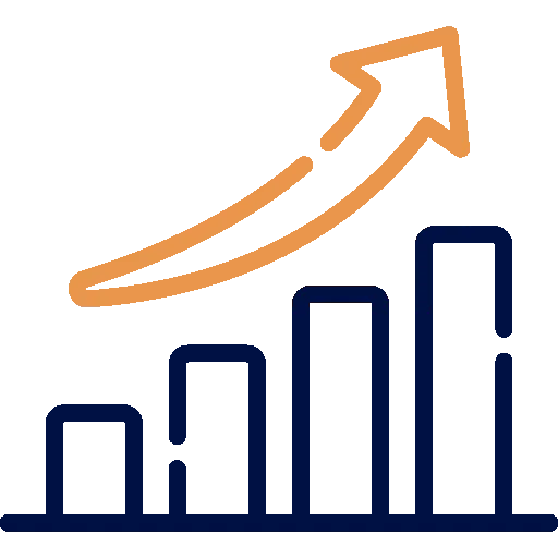 Abstract growth icon with upward curve and base platform in navy and orange