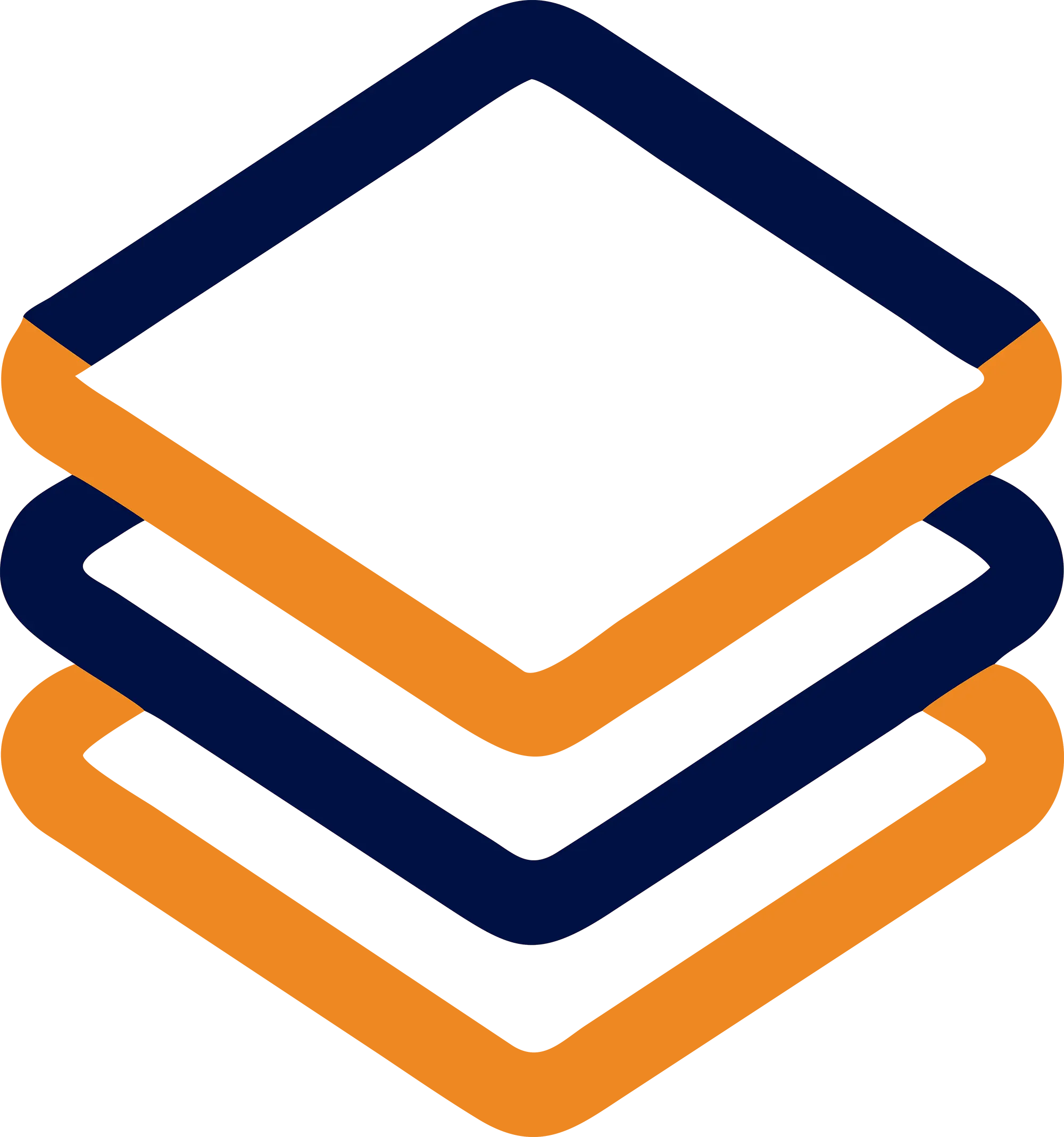 Layered cloud hosting icon with multiple stacked platforms in navy and orange