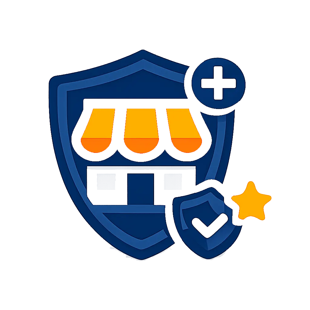 Brand protection icon with storefront shield and security symbols in navy and orange