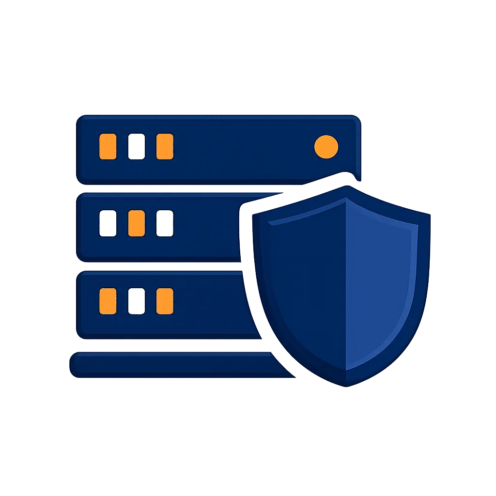 Server hosting icon with stacked servers and shield representing reliability in navy and orange