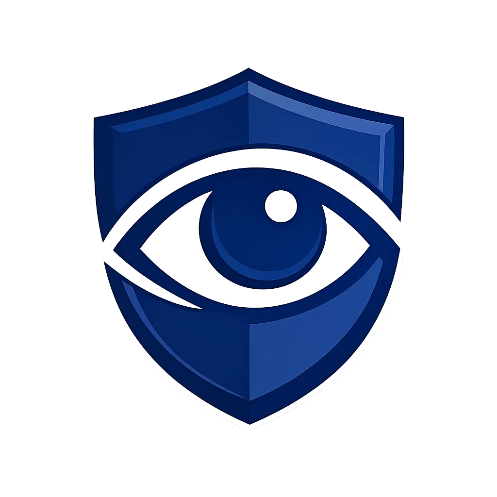 Security monitoring icon with shield and eye representing protection and surveillance in navy