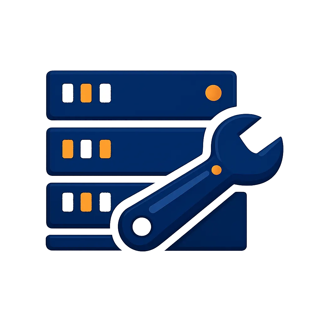 Server maintenance icon with stacked servers and wrench in navy and orange