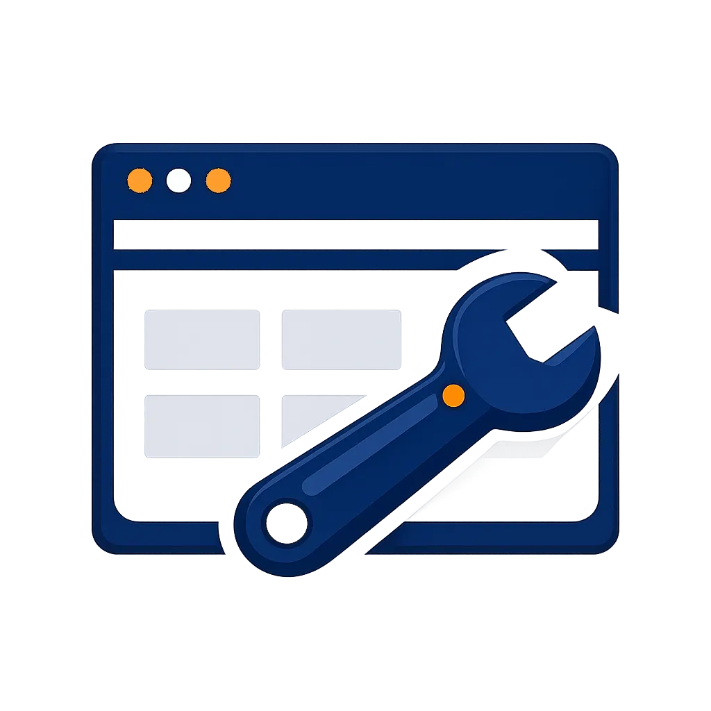 Website repair icon with browser window and wrench representing site fixes and troubleshooting