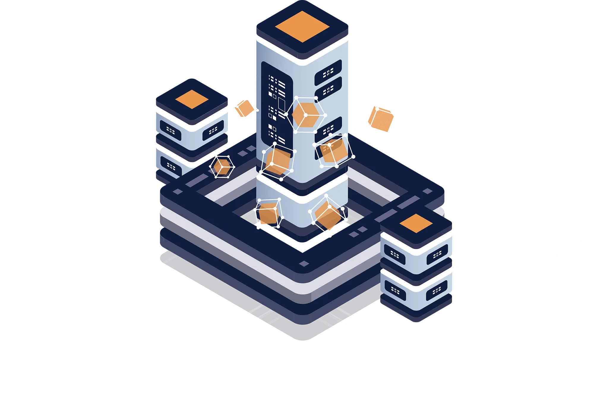 Domain transfer and hosting infrastructure illustration with connected servers and data nodes