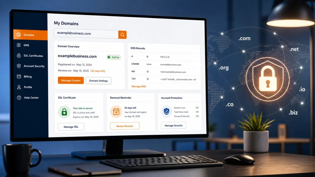 Modern domain management dashboard showing DNS records, SSL security, renewal reminders, and account protection for a small business website