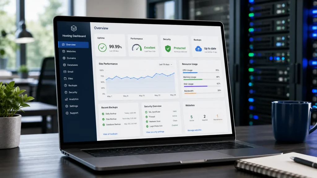 Modern laptop showing a web hosting dashboard with uptime, security, speed, backup, and server performance indicators.