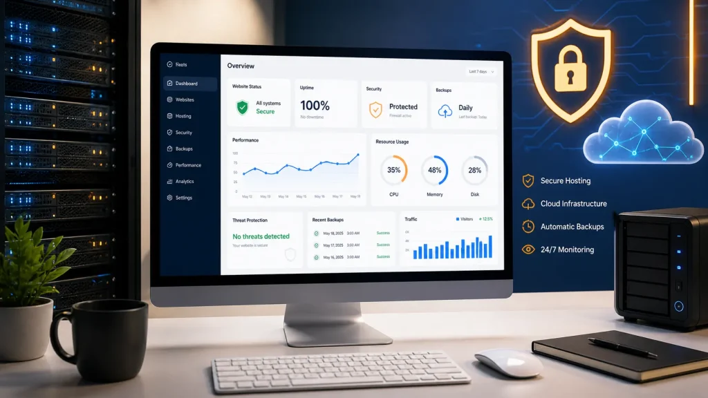 Secure web hosting dashboard showing website protection, backups, server security, and performance monitoring for a small business website